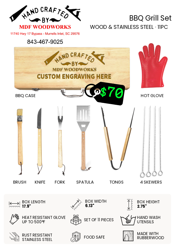 BBQ Grill Set Custom Engraved Wooden Handle Utensil and Box Set, 11pcs