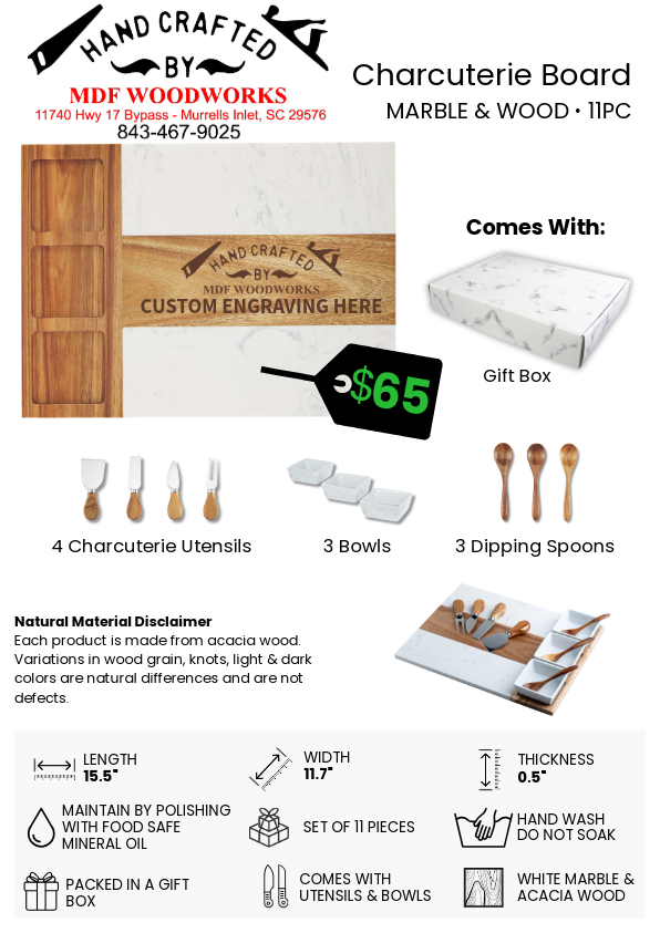 Cutting Board Marble & Wood with Custom Engraving, Utensils, and Ceramic Dishes, 9pcs