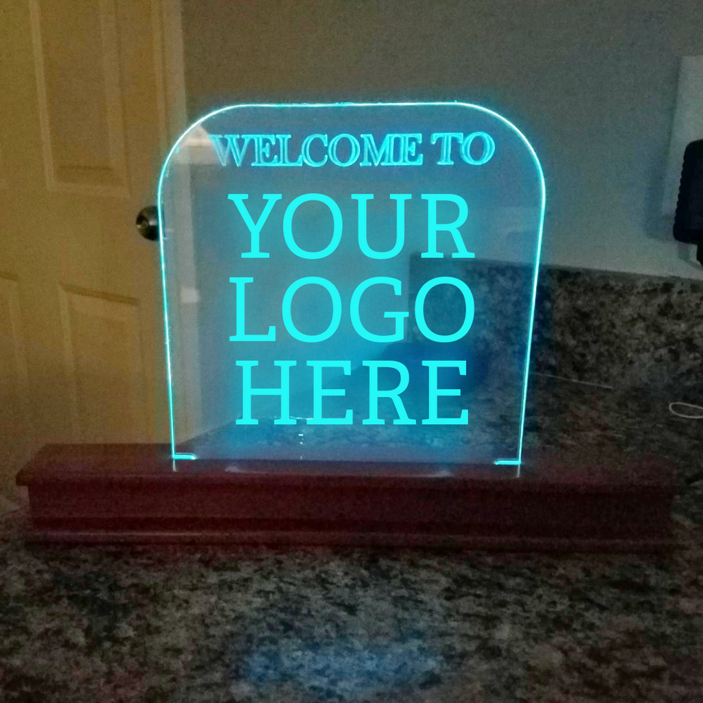 LED Glass Sign with Custom Wood Base