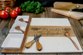 Cutting Board Marble & Wood with Custom Engraving, Utensils, and Ceramic Dishes, 9pcs