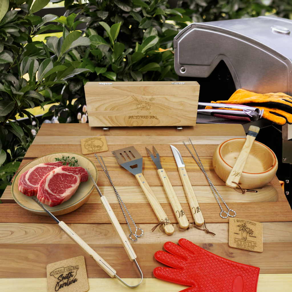 BBQ Grill Set Custom Engraved Wooden Handle Utensil and Box Set, 11pcs