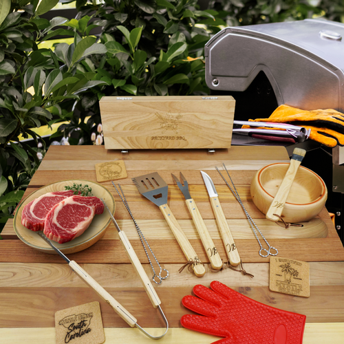 BBQ Grill Set Custom Engraved Wooden Handle Utensil and Box Set, 11pcs
