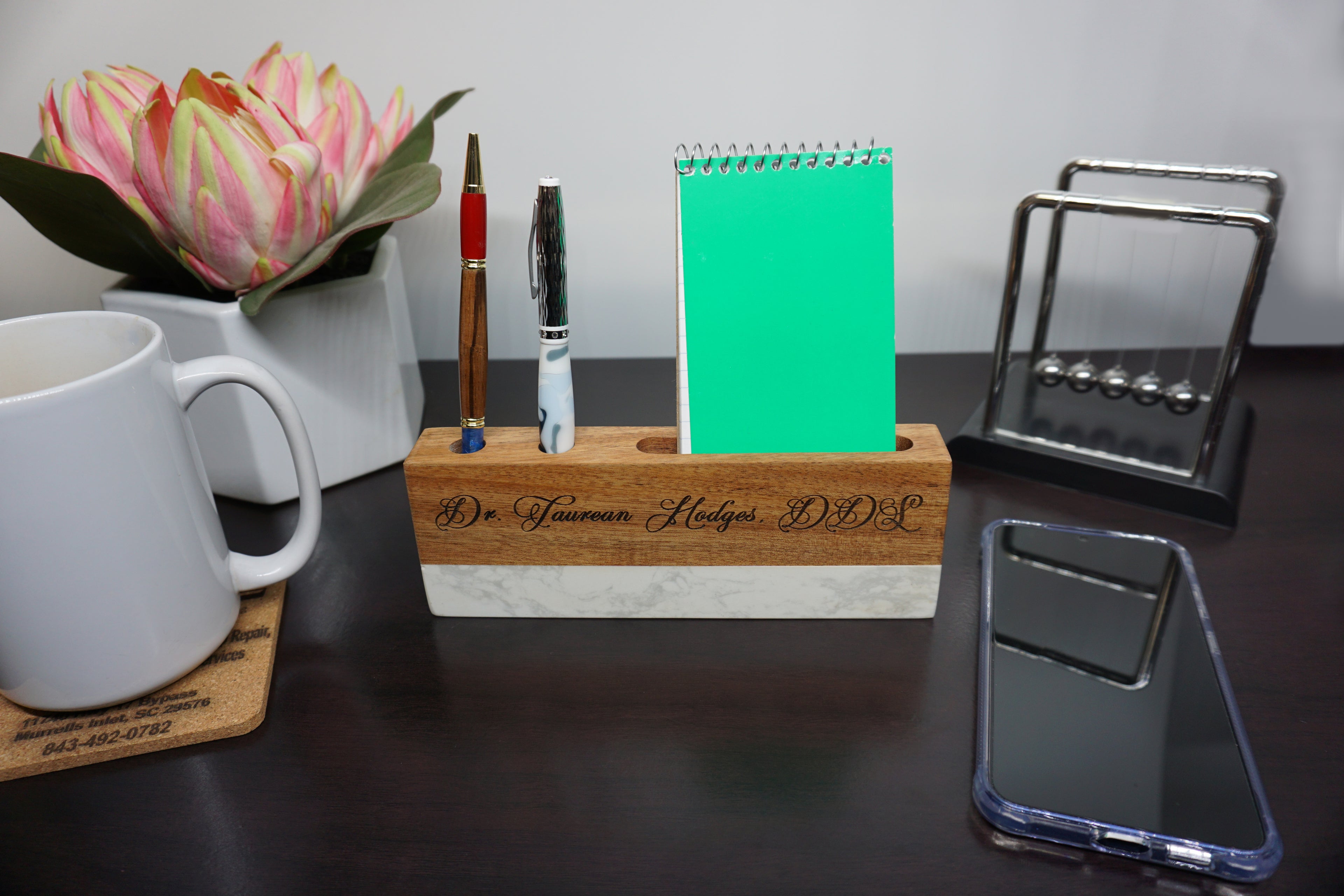Pen and Notepad Holder Wood and Marble with Custom Engraving