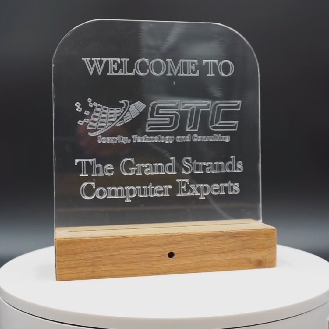 LED Glass Sign with Custom Wood Base